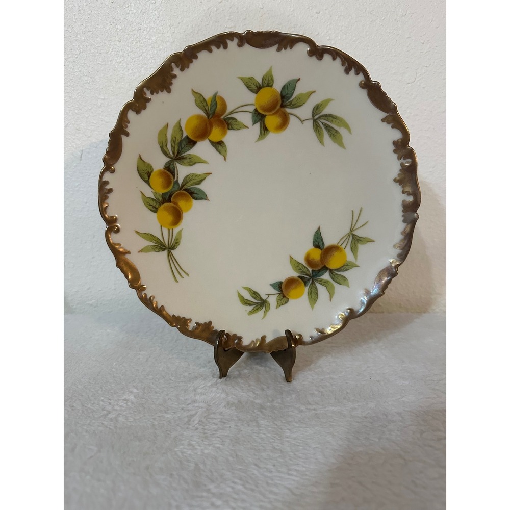 T&V Limoges France Hand Painted Orange Citrus Plate Gold Gilt Greenleaf & Crosby